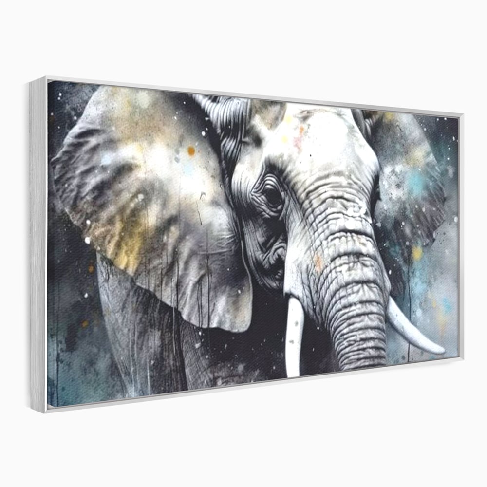 Tablou canvas cu tablou canvas cu cap de elefant, in rama de aluminiu argintiu